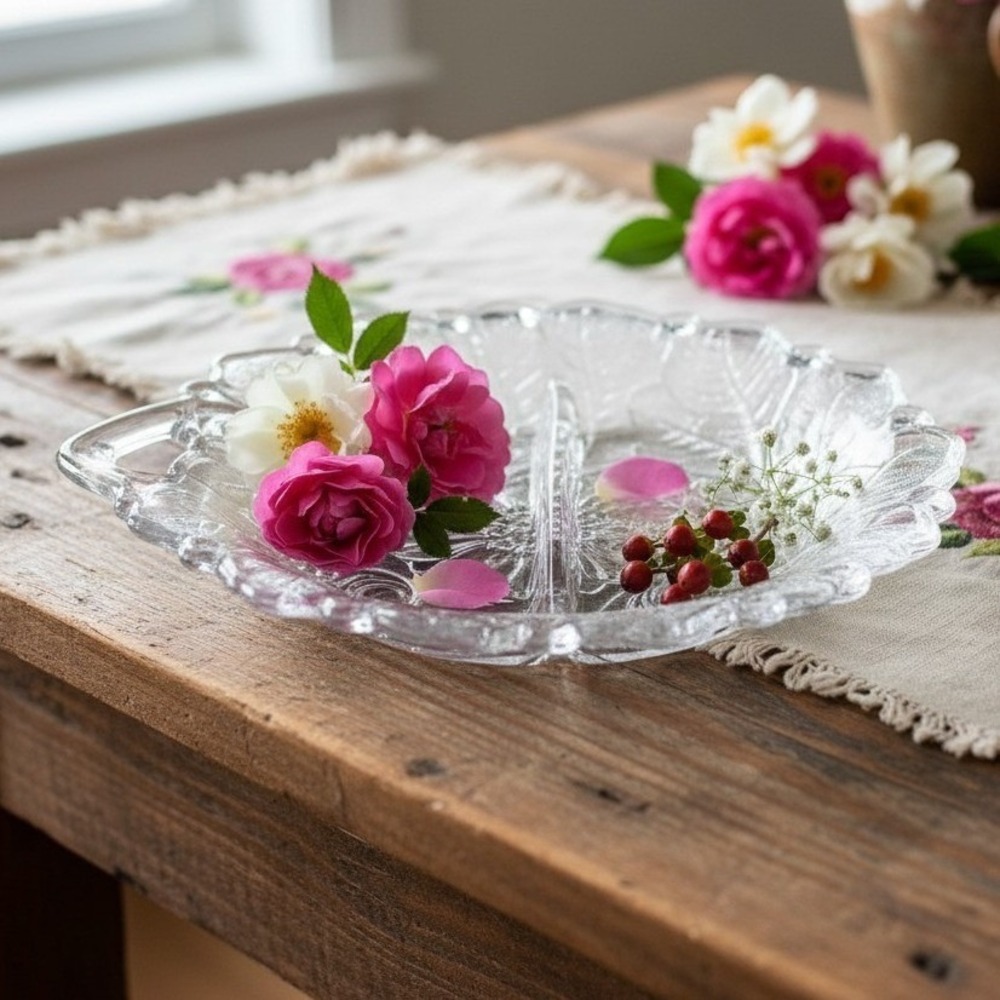 Indiana Glass Wild Rose Embossed Divided Bowl, Vintage Serving Tray, Kitchenware